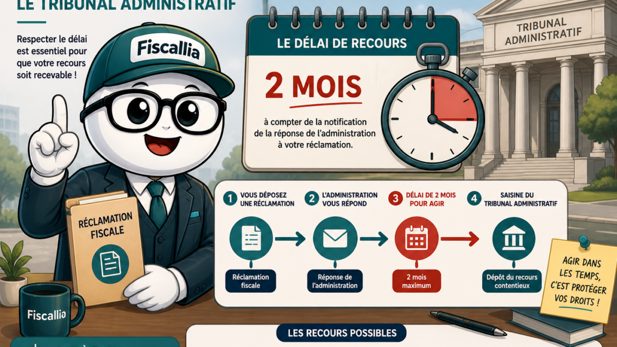 Illustration Fiscallia avec la mascotte Fiscallio expliquant le délai légal pour saisir le tribunal administratif après une réponse de l’administration fiscale, avec horloge, calendrier et procédure de recours.