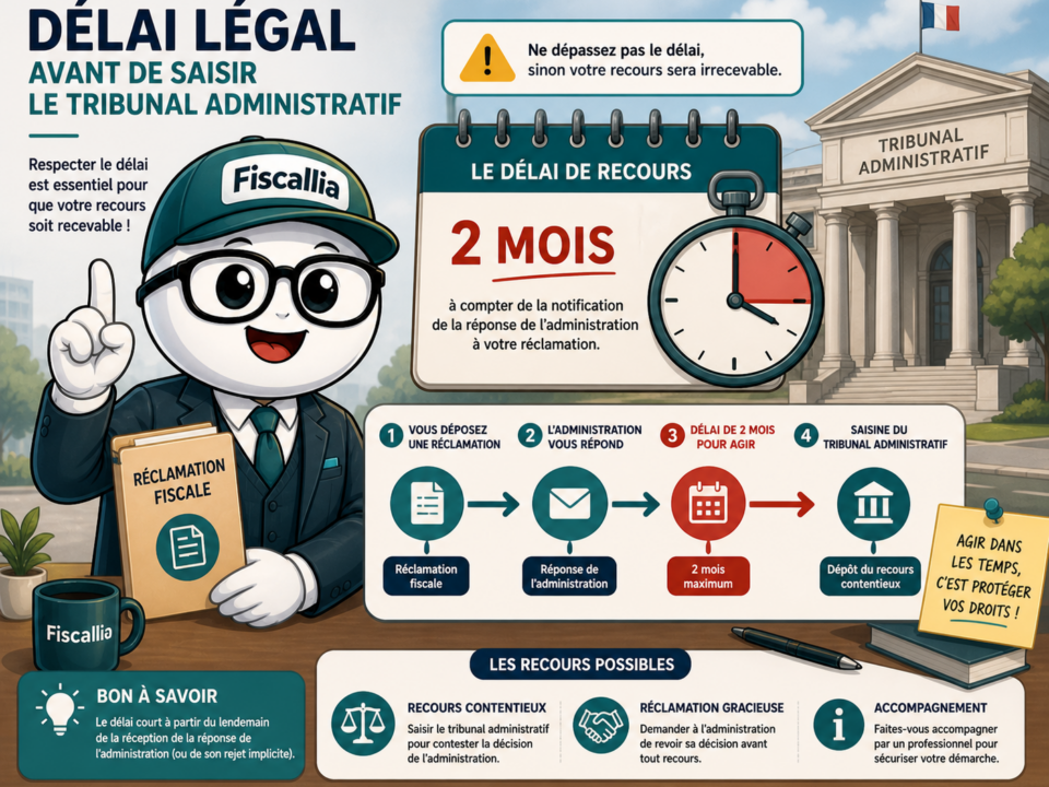 Illustration Fiscallia avec la mascotte Fiscallio expliquant le délai légal pour saisir le tribunal administratif après une réponse de l’administration fiscale, avec horloge, calendrier et procédure de recours.