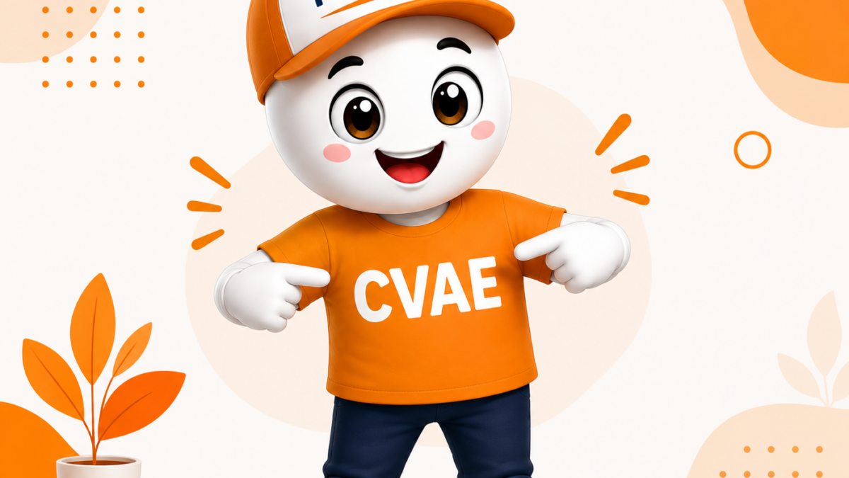 Mascotte Fiscallia moderne et ludique portant un tee-shirt orange CVAE avec un design graphique épuré et des index visuels mettant en valeur la fiscalité des entreprises.