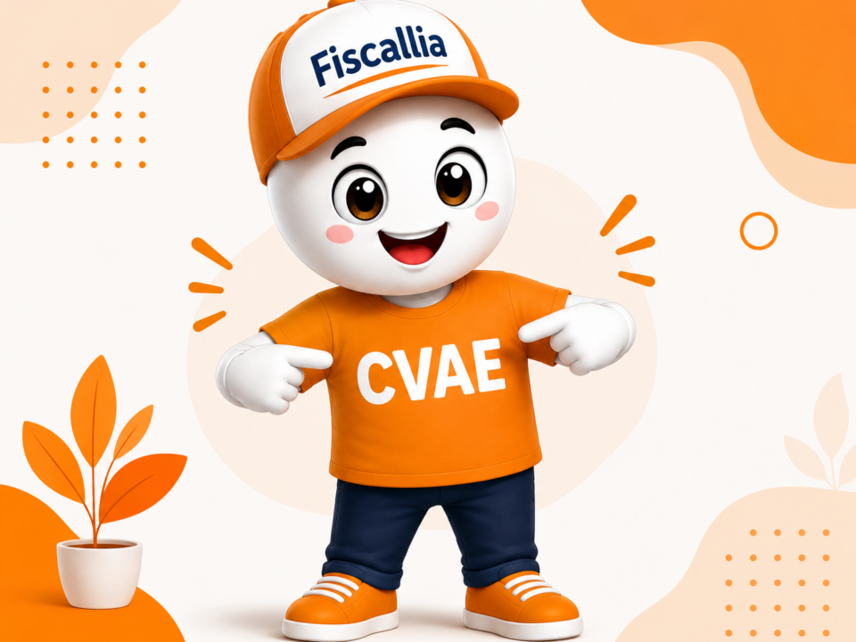 Mascotte Fiscallia moderne et ludique portant un tee-shirt orange CVAE avec un design graphique épuré et des index visuels mettant en valeur la fiscalité des entreprises.
