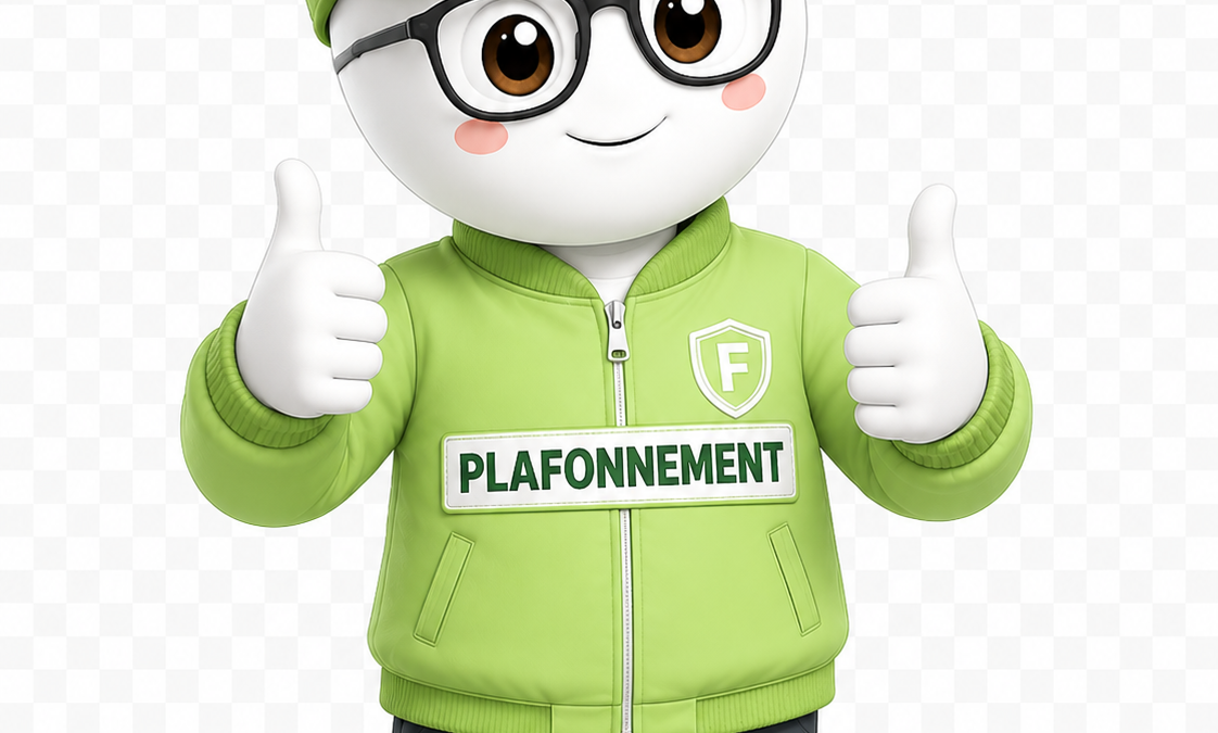 Mascotte Fiscallia avec lunettes et pouces levés portant un blouson vert clair marqué « Plafonnement », sur fond transparent dans un style 3D ludique et moderne.