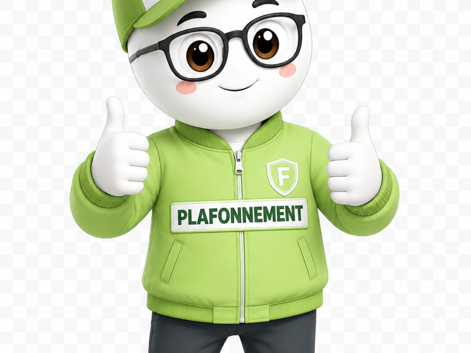 Mascotte Fiscallia avec lunettes et pouces levés portant un blouson vert clair marqué « Plafonnement », sur fond transparent dans un style 3D ludique et moderne.
