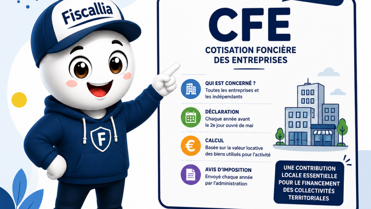 Illustration ludique Fiscallia représentant une mascotte cartoon présentant la CFE – Cotisation Foncière des Entreprises – sur un panneau pédagogique avec un décor graphique moderne et épuré.