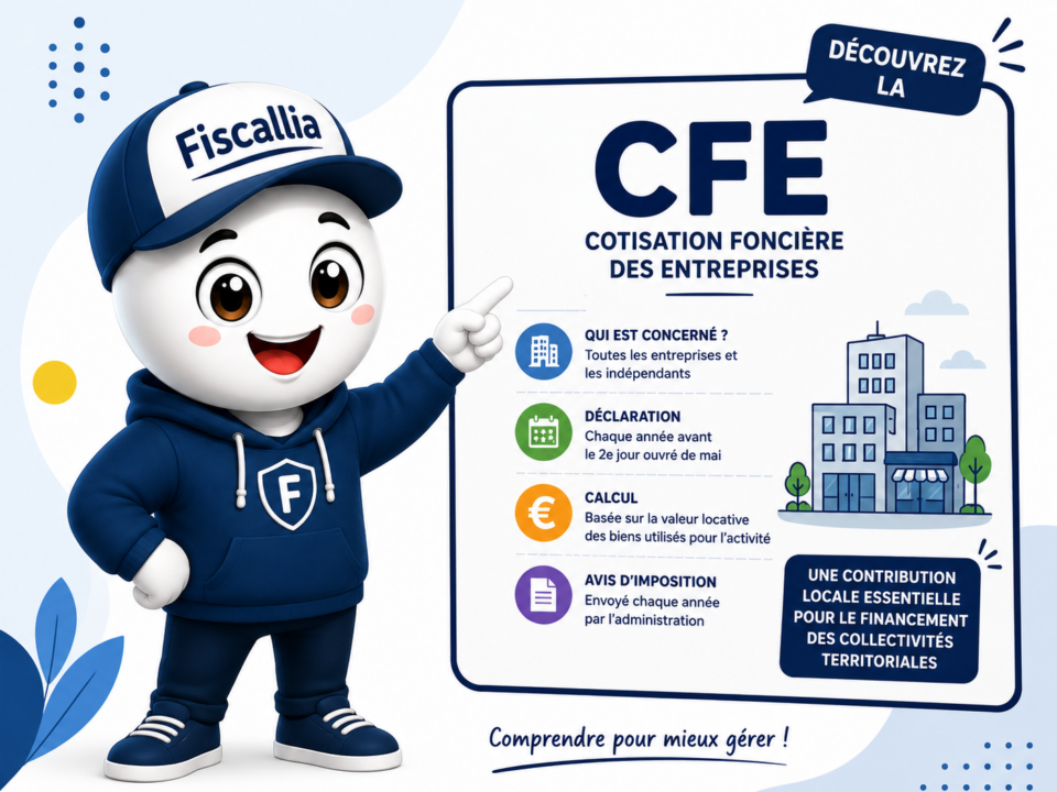 Illustration ludique Fiscallia représentant une mascotte cartoon présentant la CFE – Cotisation Foncière des Entreprises – sur un panneau pédagogique avec un décor graphique moderne et épuré.