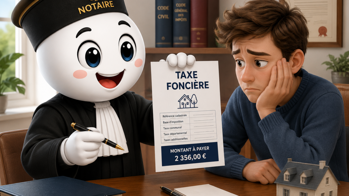 Illustration Fiscallia représentant une mascotte déguisée en notaire présentant une taxe foncière à un jeune héritier dépité dans un bureau de succession.