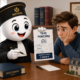 Illustration Fiscallia représentant une mascotte déguisée en notaire présentant une taxe foncière à un jeune héritier dépité dans un bureau de succession.