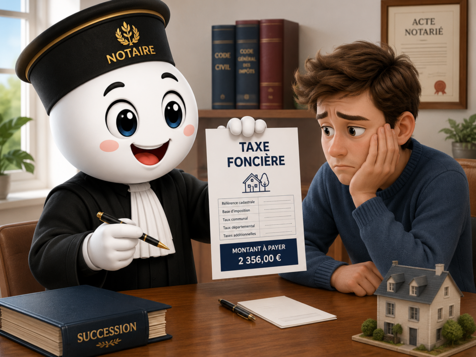 Illustration Fiscallia représentant une mascotte déguisée en notaire présentant une taxe foncière à un jeune héritier dépité dans un bureau de succession.