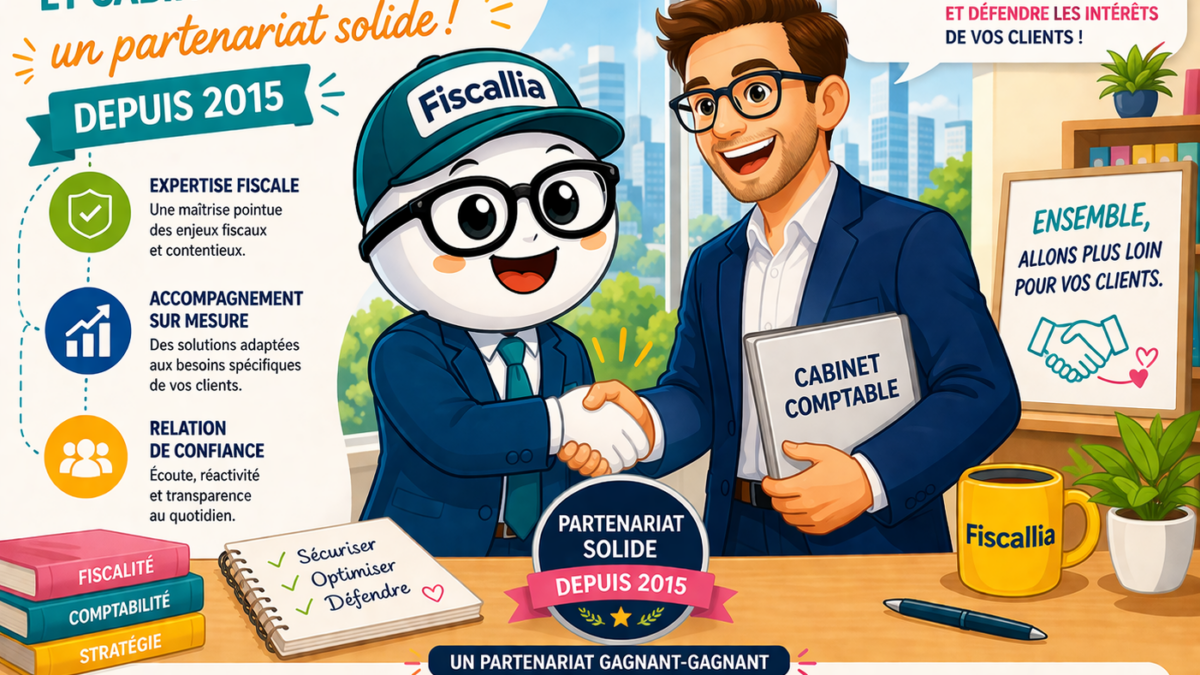 Illustration Fiscallia avec la mascotte Fiscallio et un expert-comptable se serrant la main, illustrant un partenariat solide et durable depuis 2015 avec des couleurs vives et positives.