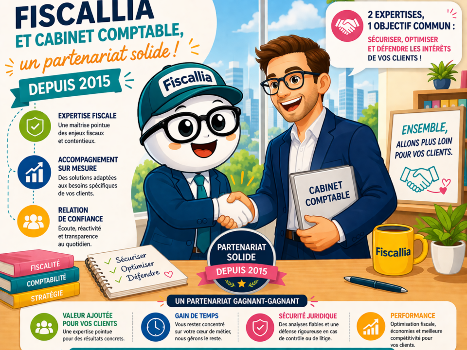 Illustration Fiscallia avec la mascotte Fiscallio et un expert-comptable se serrant la main, illustrant un partenariat solide et durable depuis 2015 avec des couleurs vives et positives.