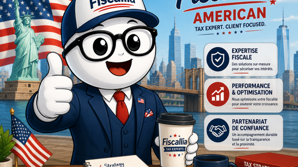 Mascotte Fiscallio de Fiscallia en version américaine, habillée en costume avec drapeau des États-Unis en arrière-plan, illustrant une expertise fiscale internationale et dynamique.