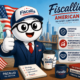 Mascotte Fiscallio de Fiscallia en version américaine, habillée en costume avec drapeau des États-Unis en arrière-plan, illustrant une expertise fiscale internationale et dynamique.
