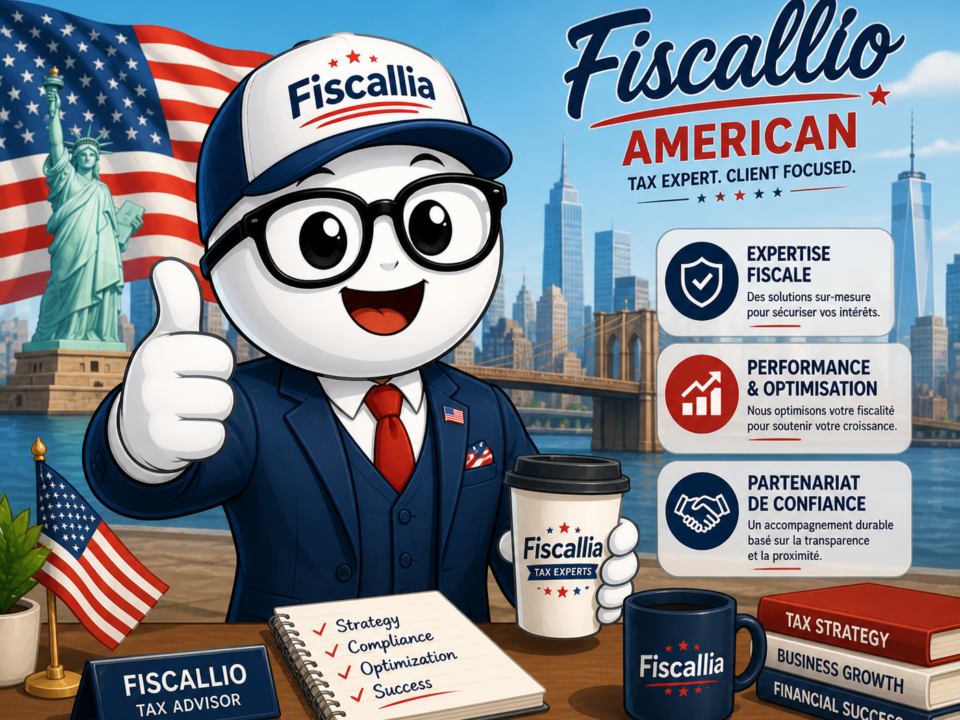 Mascotte Fiscallio de Fiscallia en version américaine, habillée en costume avec drapeau des États-Unis en arrière-plan, illustrant une expertise fiscale internationale et dynamique.
