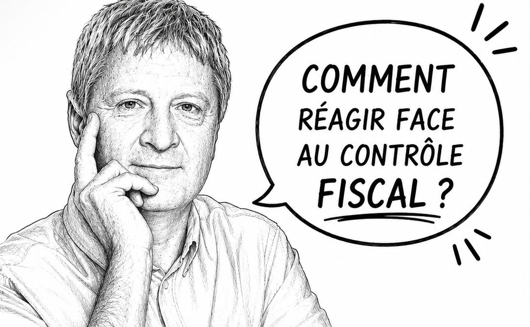 Dessin noir et blanc représentant un expert en fiscalité avec une bulle indiquant « Comment réagir face au contrôle fiscal ? », illustration pour un article ou une publication sur les bonnes pratiques lors d'un contrôle fiscal.