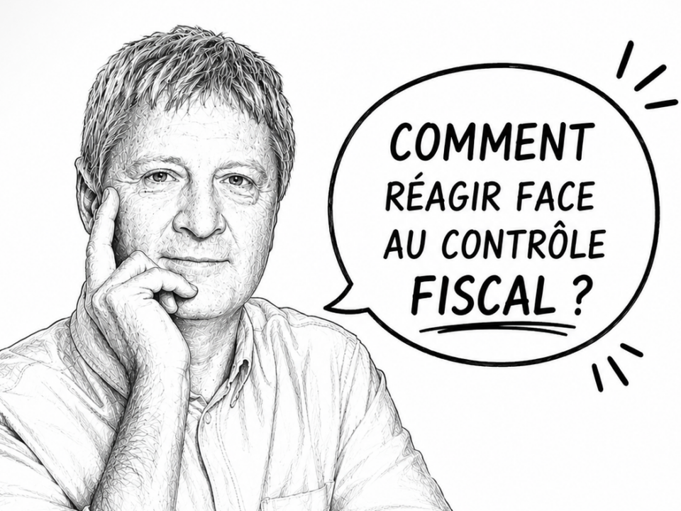 Dessin noir et blanc représentant un expert en fiscalité avec une bulle indiquant « Comment réagir face au contrôle fiscal ? », illustration pour un article ou une publication sur les bonnes pratiques lors d'un contrôle fiscal.