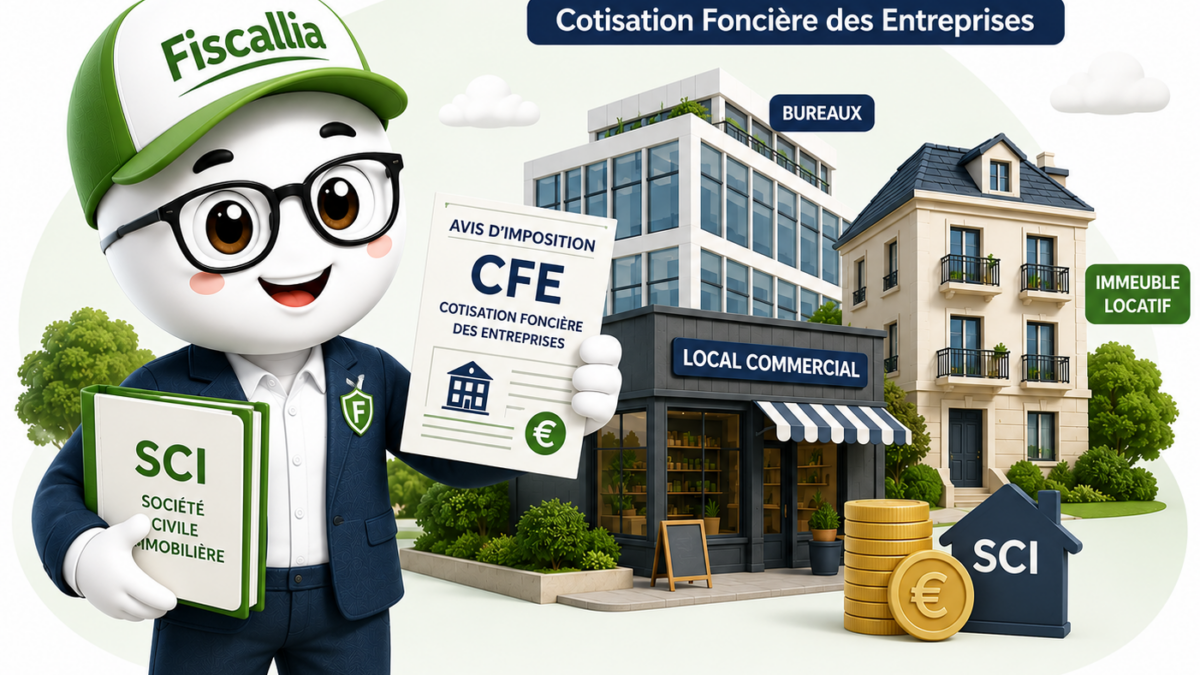 Illustration Fiscallia représentant la mascotte Fiscallio expliquant la CFE des SCI devant plusieurs biens immobiliers avec un dossier SCI et un avis de cotisation foncière des entreprises.