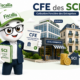 Illustration Fiscallia représentant la mascotte Fiscallio expliquant la CFE des SCI devant plusieurs biens immobiliers avec un dossier SCI et un avis de cotisation foncière des entreprises.