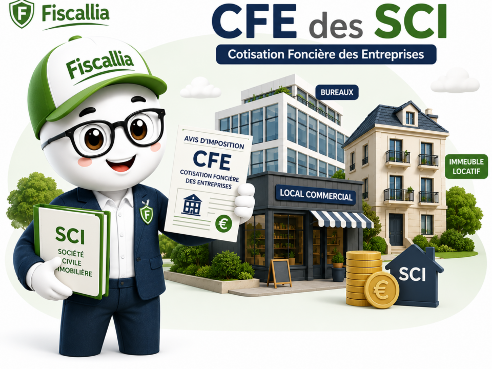 Illustration Fiscallia représentant la mascotte Fiscallio expliquant la CFE des SCI devant plusieurs biens immobiliers avec un dossier SCI et un avis de cotisation foncière des entreprises.