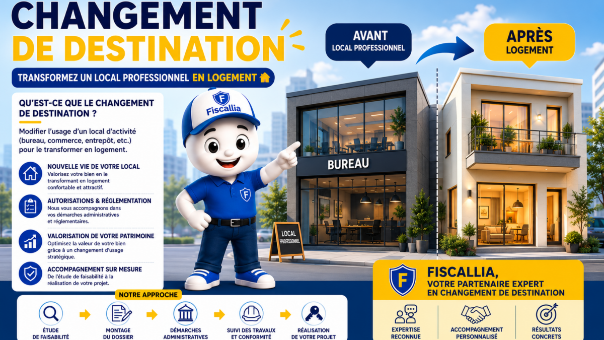 Illustration 3D ludique aux couleurs bleu et jaune représentant la mascotte Fiscallia accompagnant la transformation d'un local professionnel en logement. L'image compare un bureau avant travaux et une habitation moderne après changement de destination, tout en mettant en avant l'expertise de Fiscallia dans les démarches administratives et la valorisation du patrimoine immobilier.