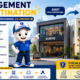 Illustration 3D ludique aux couleurs bleu et jaune représentant la mascotte Fiscallia accompagnant la transformation d'un local professionnel en logement. L'image compare un bureau avant travaux et une habitation moderne après changement de destination, tout en mettant en avant l'expertise de Fiscallia dans les démarches administratives et la valorisation du patrimoine immobilier.