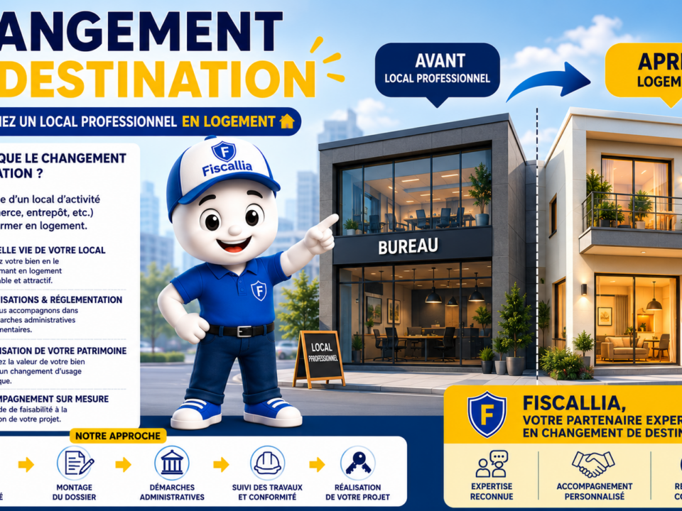 Illustration 3D ludique aux couleurs bleu et jaune représentant la mascotte Fiscallia accompagnant la transformation d'un local professionnel en logement. L'image compare un bureau avant travaux et une habitation moderne après changement de destination, tout en mettant en avant l'expertise de Fiscallia dans les démarches administratives et la valorisation du patrimoine immobilier.