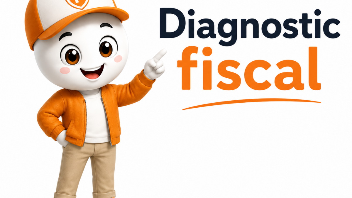 Illustration Fiscallia représentant une mascotte moderne en tenue orange présentant un diagnostic fiscal, avec le titre « Diagnostic fiscal » sur un fond épuré et professionnel.
