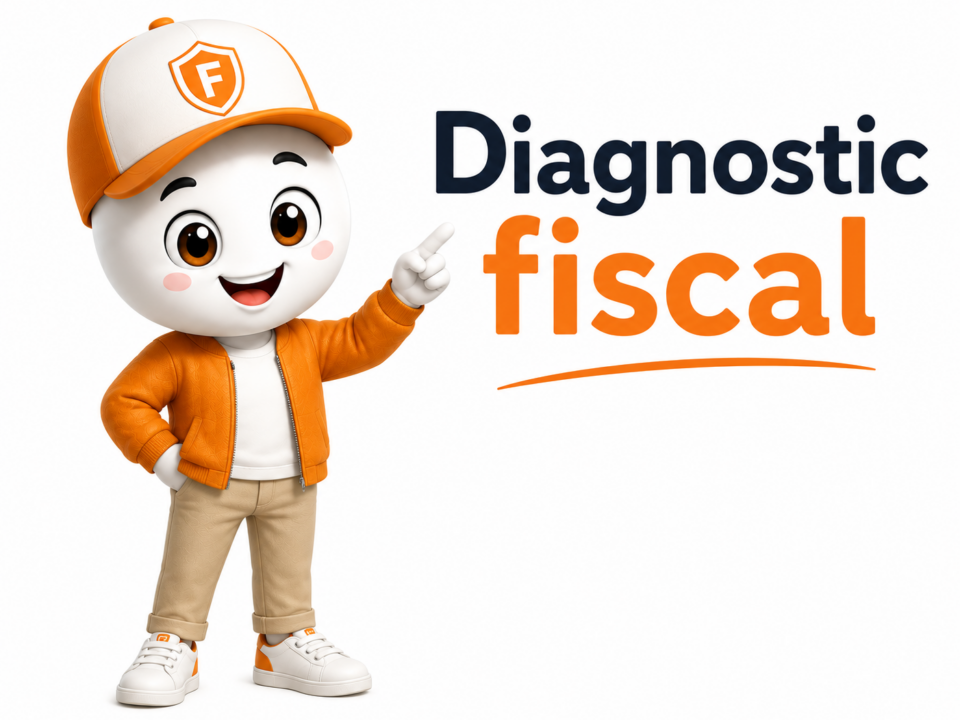 Illustration Fiscallia représentant une mascotte moderne en tenue orange présentant un diagnostic fiscal, avec le titre « Diagnostic fiscal » sur un fond épuré et professionnel.