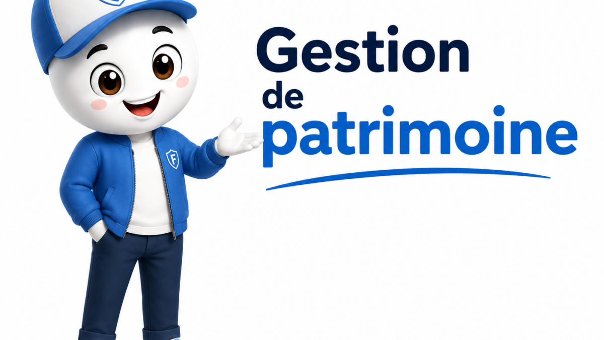 Illustration Fiscallia représentant une mascotte moderne vêtue de bleu présentant la gestion de patrimoine, sur fond blanc épuré avec le titre « Gestion de patrimoine » dans un style professionnel et pédagogique.