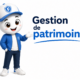 Illustration Fiscallia représentant une mascotte moderne vêtue de bleu présentant la gestion de patrimoine, sur fond blanc épuré avec le titre « Gestion de patrimoine » dans un style professionnel et pédagogique.
