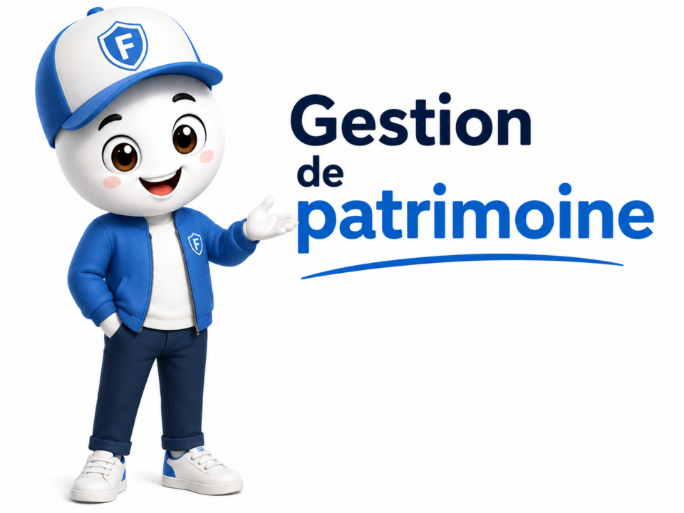Illustration Fiscallia représentant une mascotte moderne vêtue de bleu présentant la gestion de patrimoine, sur fond blanc épuré avec le titre « Gestion de patrimoine » dans un style professionnel et pédagogique.