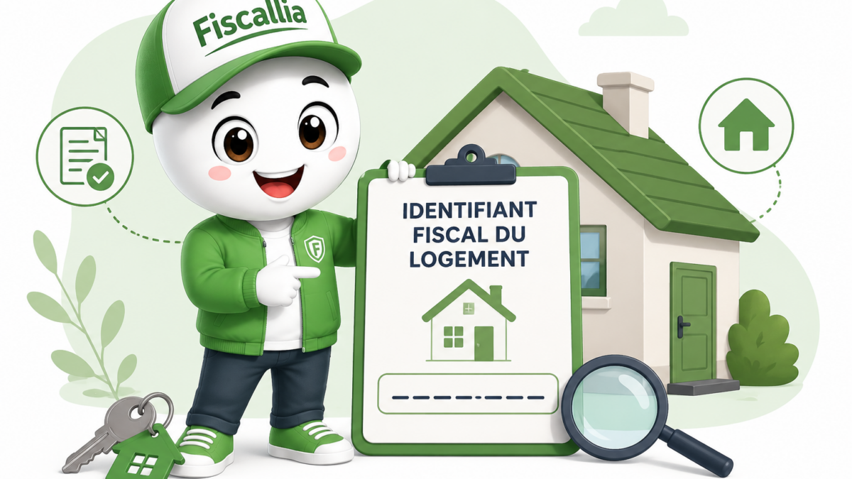 Illustration pédagogique Fiscallia représentant une mascotte expliquant l’identifiant fiscal du logement (numéro invariant), avec une maison, une loupe, des clés et une fiche d’identification cadastrale.