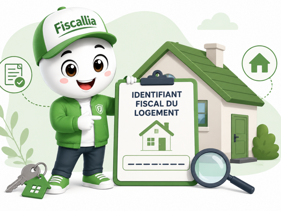 Illustration pédagogique Fiscallia représentant une mascotte expliquant l’identifiant fiscal du logement (numéro invariant), avec une maison, une loupe, des clés et une fiche d’identification cadastrale.