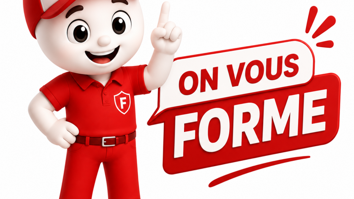 Illustration 3D moderne représentant la mascotte Fiscallia vêtue de rouge, souriante et pointant du doigt le slogan « On vous forme ». Le personnage apparaît seul sur un fond épuré, dans un style ludique, dynamique et professionnel, illustrant les formations proposées par Fiscallia.