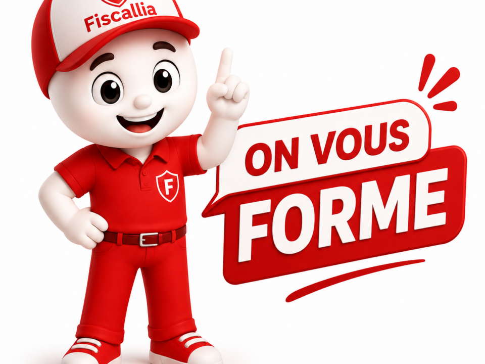 Illustration 3D moderne représentant la mascotte Fiscallia vêtue de rouge, souriante et pointant du doigt le slogan « On vous forme ». Le personnage apparaît seul sur un fond épuré, dans un style ludique, dynamique et professionnel, illustrant les formations proposées par Fiscallia.