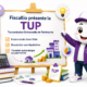 Illustration ludique Fiscallia représentant la mascotte Fiscallio, vêtue de violet, présentant la Transmission Universelle de Patrimoine (TUP) sur un tableau pédagogique. La scène met en avant le transfert automatique du patrimoine, la dissolution sans liquidation et la fusion d'une filiale dans un style moderne, coloré et professionnel.