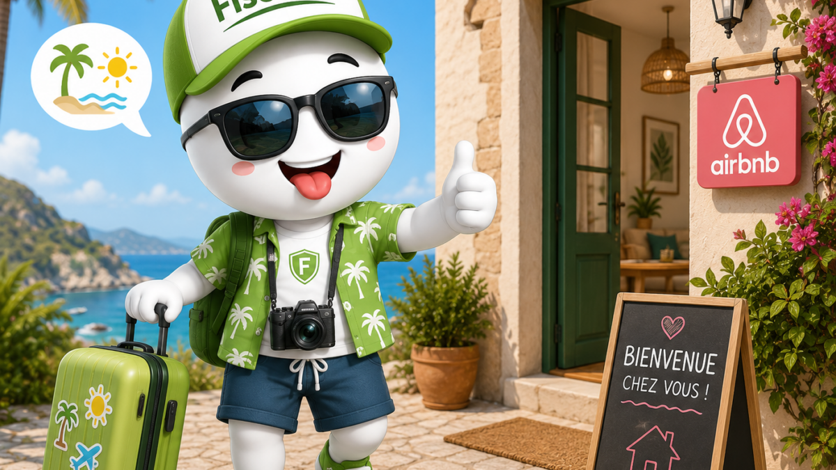Illustration ludique Fiscallia représentant une mascotte en vacances, portant un short, des lunettes de soleil et des tongs, arrivant dans une location saisonnière de type Airbnb avec une valise devant une maison de vacances en bord de mer.