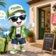 Illustration ludique Fiscallia représentant une mascotte en vacances, portant un short, des lunettes de soleil et des tongs, arrivant dans une location saisonnière de type Airbnb avec une valise devant une maison de vacances en bord de mer.