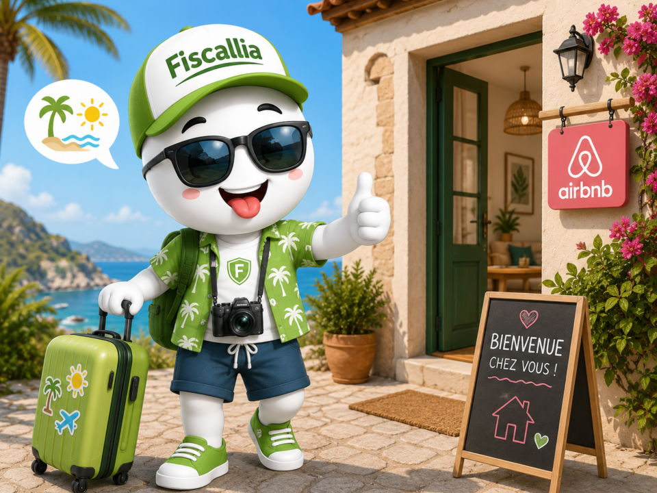 Illustration ludique Fiscallia représentant une mascotte en vacances, portant un short, des lunettes de soleil et des tongs, arrivant dans une location saisonnière de type Airbnb avec une valise devant une maison de vacances en bord de mer.