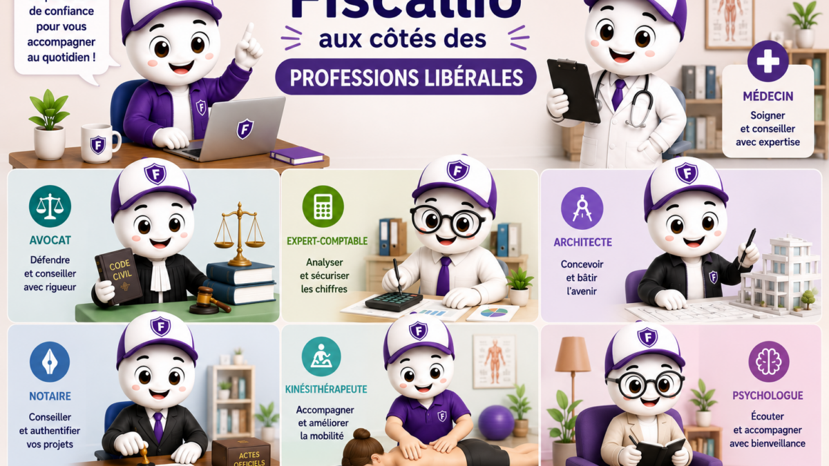 Illustration ludique et colorée de Fiscallio, la mascotte de Fiscallia, incarnant différentes professions libérales dans un style 3D moderne. La scène représente notamment un médecin, un avocat, un expert-comptable, un architecte, un notaire, un kinésithérapeute et un psychologue, afin d'illustrer la diversité des activités des professions libérales.