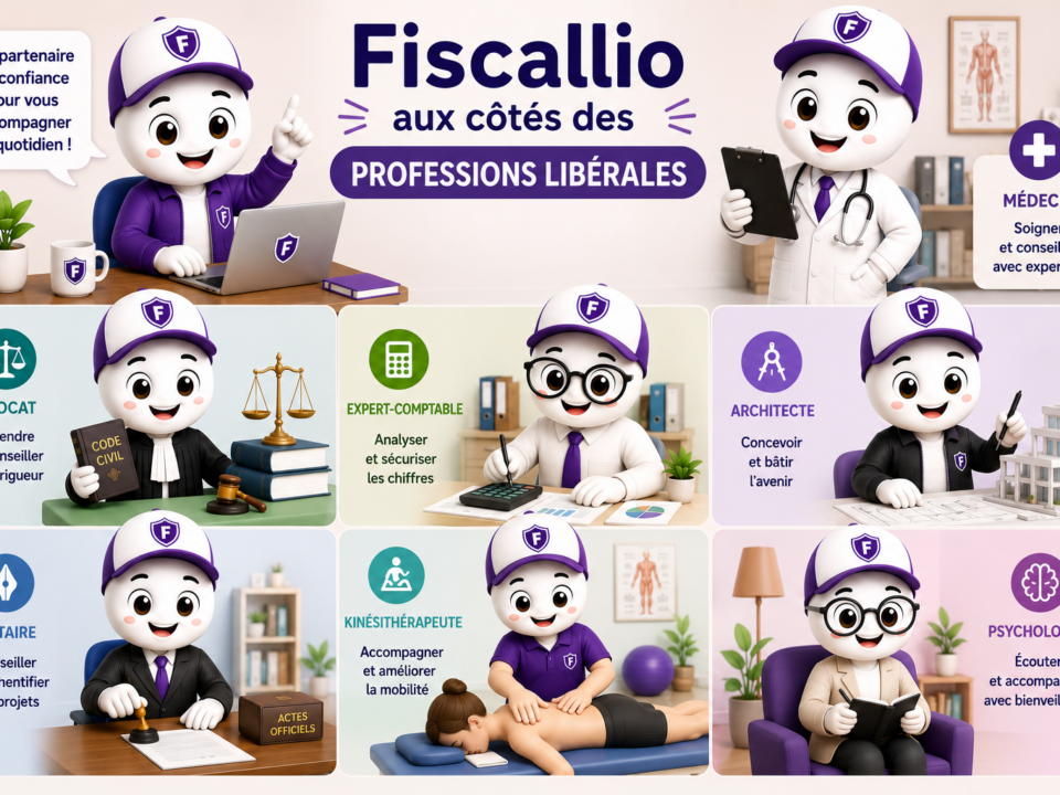 Illustration ludique et colorée de Fiscallio, la mascotte de Fiscallia, incarnant différentes professions libérales dans un style 3D moderne. La scène représente notamment un médecin, un avocat, un expert-comptable, un architecte, un notaire, un kinésithérapeute et un psychologue, afin d'illustrer la diversité des activités des professions libérales.