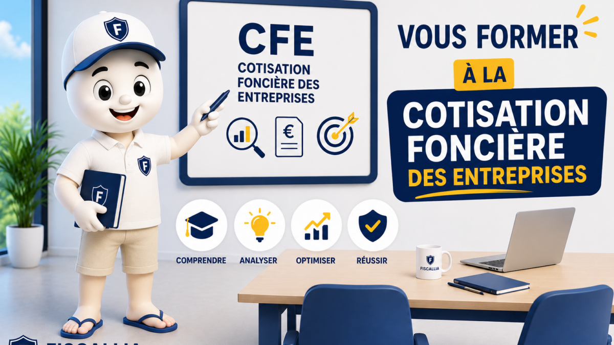 Illustration 3D ludique représentant la mascotte Fiscallia dans une tenue estivale légère, avec chapeau de paille, polo clair, short et tongs, animant une formation sur la cotisation foncière des entreprises (CFE). La scène met en avant l'apprentissage de la CFE dans un environnement moderne et convivial, avec une palette de couleurs bleu et jaune caractéristique de Fiscallia.