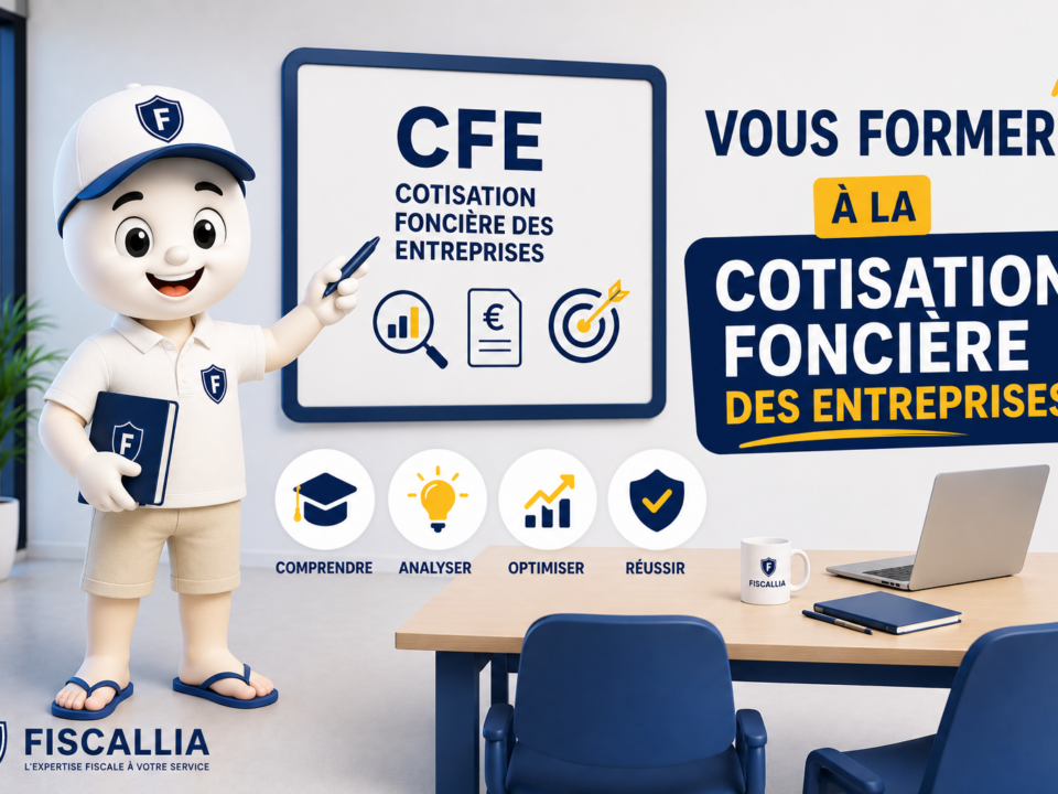Illustration 3D ludique représentant la mascotte Fiscallia dans une tenue estivale légère, avec chapeau de paille, polo clair, short et tongs, animant une formation sur la cotisation foncière des entreprises (CFE). La scène met en avant l'apprentissage de la CFE dans un environnement moderne et convivial, avec une palette de couleurs bleu et jaune caractéristique de Fiscallia.