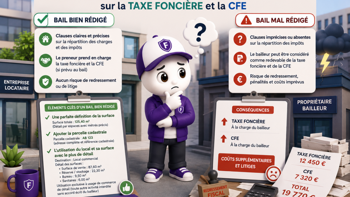 Illustration pédagogique Fiscallia montrant l'incidence d'une mauvaise rédaction du bail sur la taxe foncière et la CFE. La scène compare un bail correctement rédigé à un bail imprécis et souligne l'importance d'une définition détaillée des surfaces, de la parcelle cadastrale et de l'utilisation exacte du local afin d'éviter les litiges et les surcoûts fiscaux.