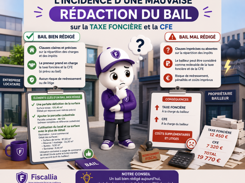 Illustration pédagogique Fiscallia montrant l'incidence d'une mauvaise rédaction du bail sur la taxe foncière et la CFE. La scène compare un bail correctement rédigé à un bail imprécis et souligne l'importance d'une définition détaillée des surfaces, de la parcelle cadastrale et de l'utilisation exacte du local afin d'éviter les litiges et les surcoûts fiscaux.