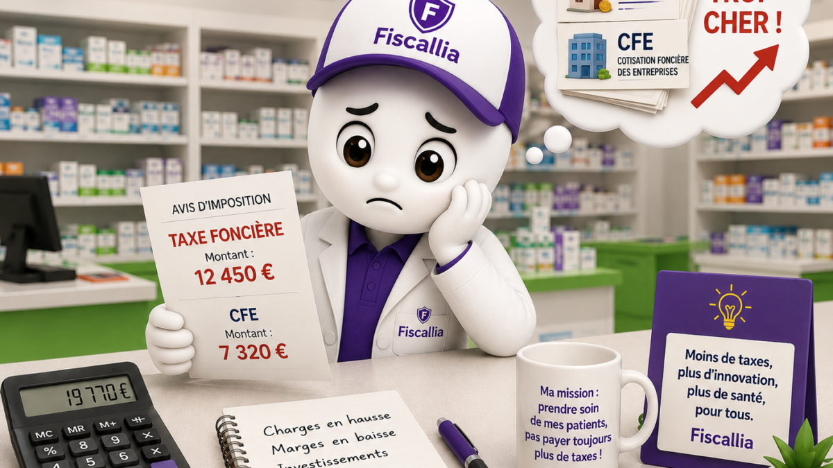 Illustration 3D ludique représentant la mascotte Fiscallia en pharmacien inquiet face à une taxe foncière et une CFE jugées trop élevées. La scène se déroule dans une pharmacie et met en avant l'impact de la fiscalité locale sur l'activité des officines, avec un style moderne, coloré et pédagogique.