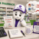 Illustration 3D ludique représentant la mascotte Fiscallia en pharmacien inquiet face à une taxe foncière et une CFE jugées trop élevées. La scène se déroule dans une pharmacie et met en avant l'impact de la fiscalité locale sur l'activité des officines, avec un style moderne, coloré et pédagogique.
