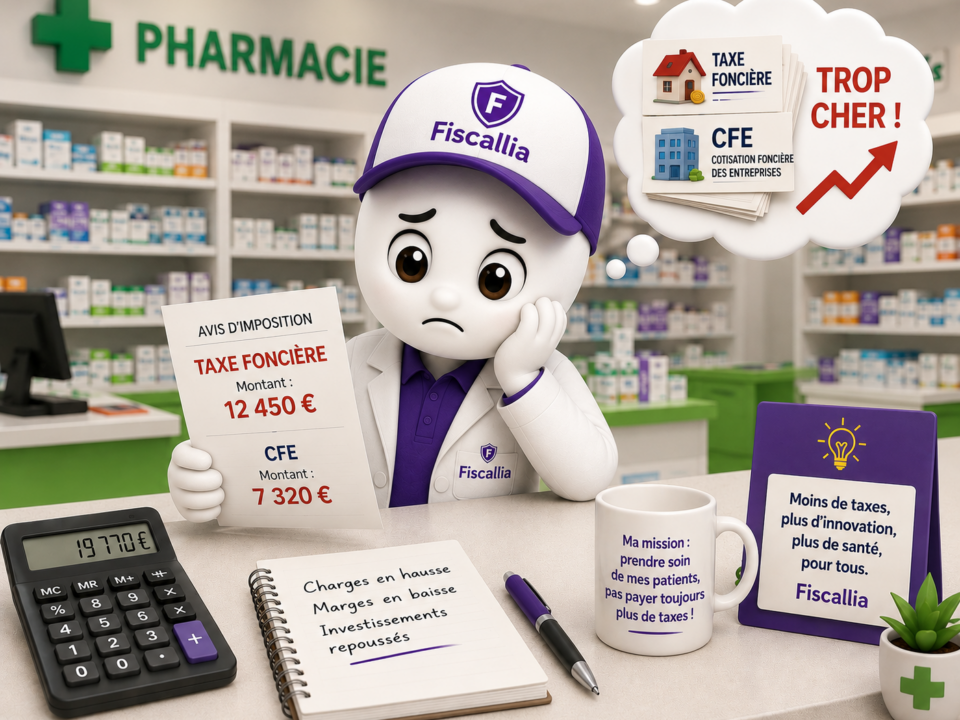 Illustration 3D ludique représentant la mascotte Fiscallia en pharmacien inquiet face à une taxe foncière et une CFE jugées trop élevées. La scène se déroule dans une pharmacie et met en avant l'impact de la fiscalité locale sur l'activité des officines, avec un style moderne, coloré et pédagogique.