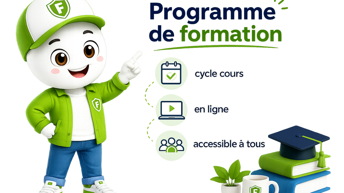 Illustration ludique Fiscallia représentant une mascotte moderne présentant le programme de formation Fiscallia. L'image met en avant des cycles de cours en ligne accessibles à tous, avec des icônes pédagogiques, des livres et un diplôme, dans un style 3D coloré et professionnel.