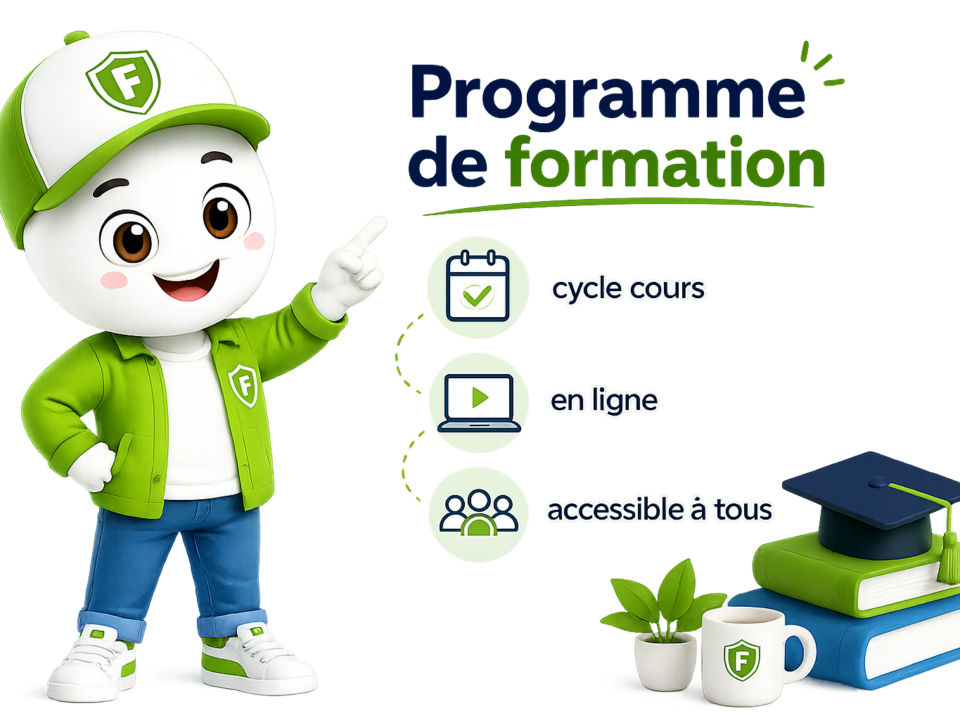 Illustration ludique Fiscallia représentant une mascotte moderne présentant le programme de formation Fiscallia. L'image met en avant des cycles de cours en ligne accessibles à tous, avec des icônes pédagogiques, des livres et un diplôme, dans un style 3D coloré et professionnel.