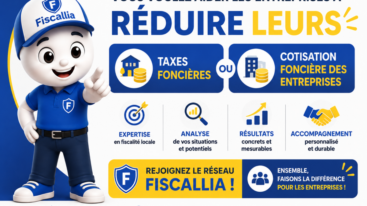 Illustration 3D moderne aux couleurs bleu et jaune représentant la mascotte Fiscallia invitant les professionnels à rejoindre le réseau Fiscallia. L'image met en avant l'accompagnement des entreprises dans la réduction de la taxe foncière et de la cotisation foncière des entreprises (CFE), avec une approche fondée sur l'expertise, l'analyse, les résultats et l'accompagnement personnalisé. Style dynamique, ludique et professionnel.