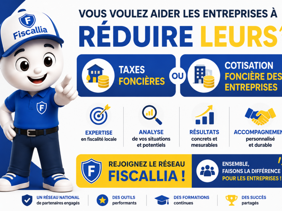 Illustration 3D moderne aux couleurs bleu et jaune représentant la mascotte Fiscallia invitant les professionnels à rejoindre le réseau Fiscallia. L'image met en avant l'accompagnement des entreprises dans la réduction de la taxe foncière et de la cotisation foncière des entreprises (CFE), avec une approche fondée sur l'expertise, l'analyse, les résultats et l'accompagnement personnalisé. Style dynamique, ludique et professionnel.